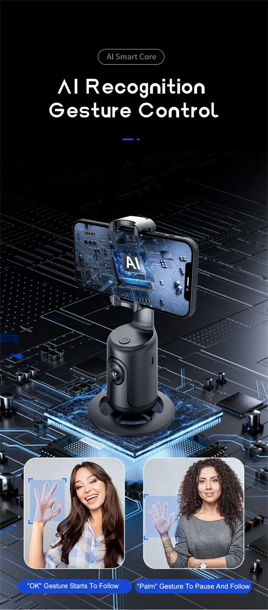 360° AI Auto Face Tracking Gimbal – Smart Phone Stabilizer for Vlogging, Video & Live Streaming