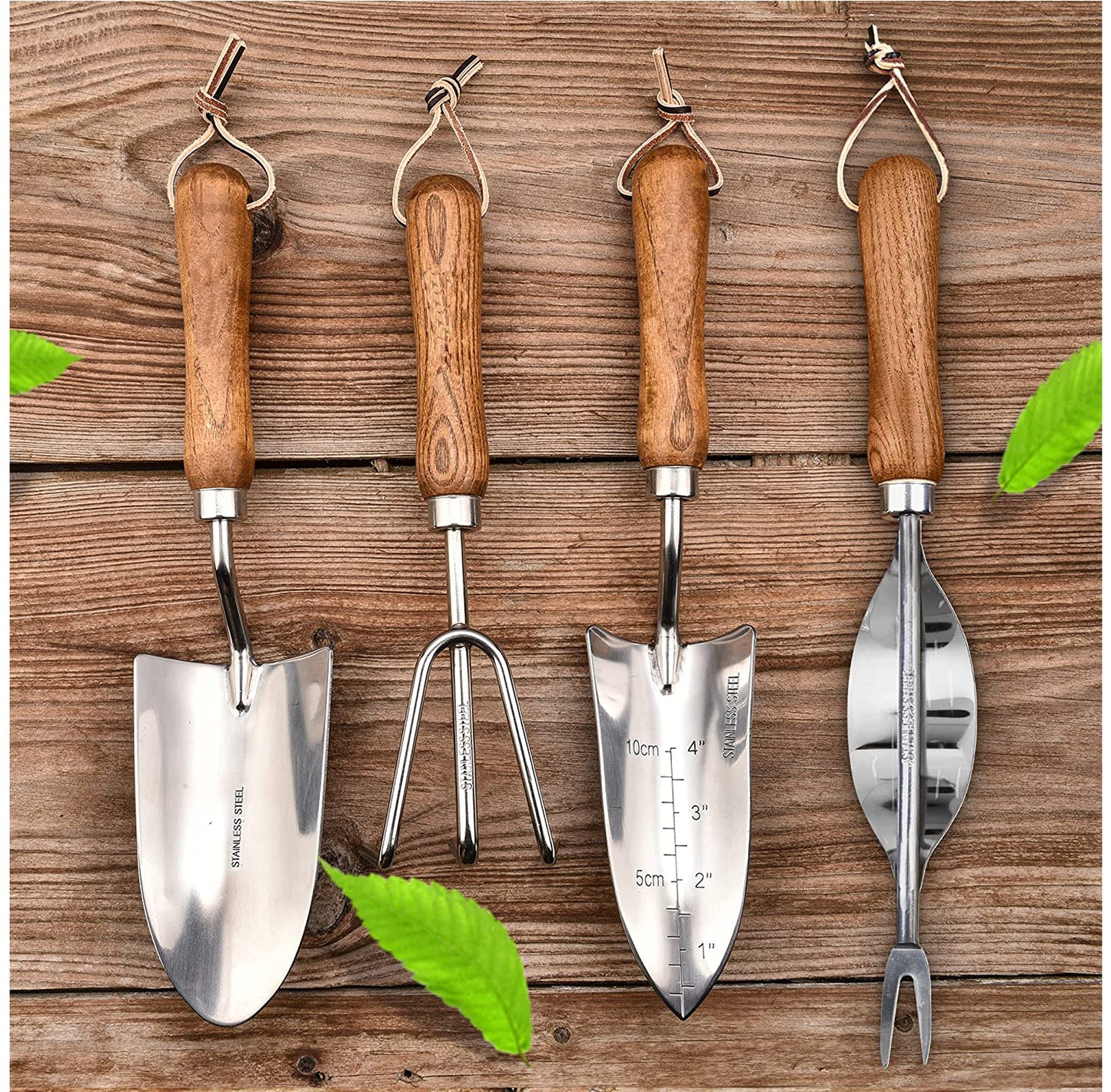 4-Piece Garden Tool Set – Stainless Steel Tools with Ergonomic Wooden Handles
