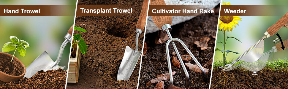 4-Piece Garden Tool Set – Stainless Steel Tools with Ergonomic Wooden Handles