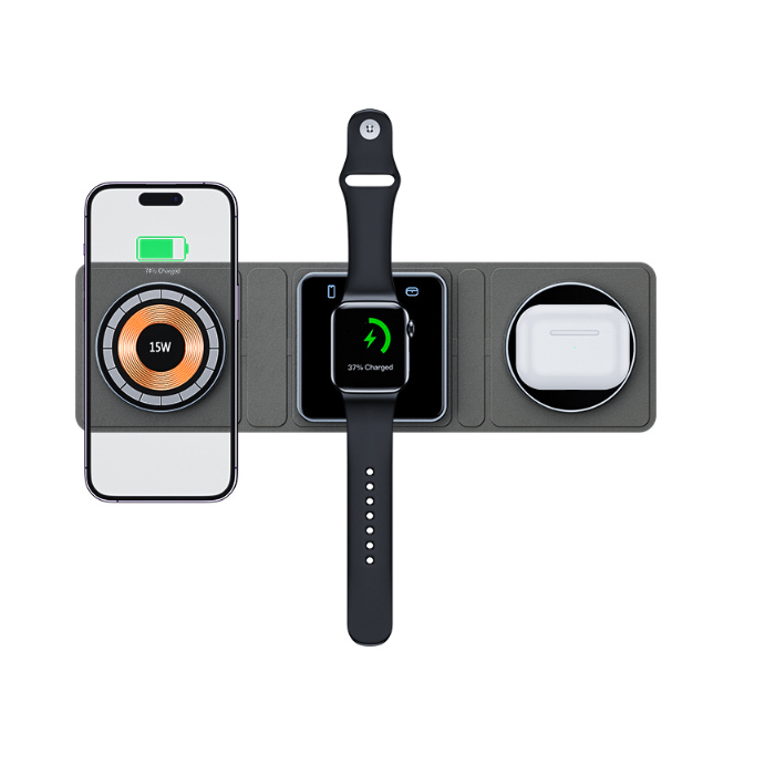 3-in-1 Magnetic Folding Wireless Charger – Transparent Fast Charging Station for iPhone, Apple Watch & AirPods
