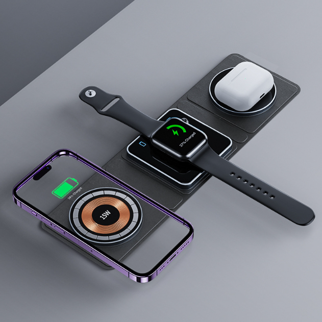 3-in-1 Magnetic Folding Wireless Charger – Transparent Fast Charging Station for iPhone, Apple Watch & AirPods