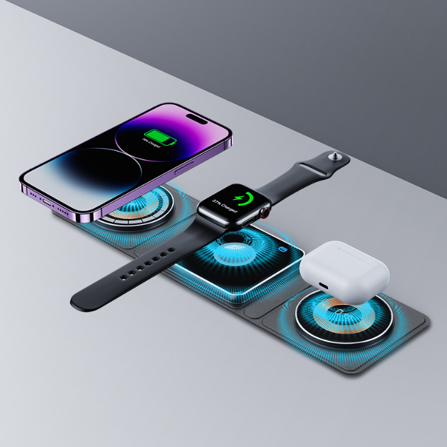 3-in-1 Magnetic Folding Wireless Charger – Transparent Fast Charging Station for iPhone, Apple Watch & AirPods