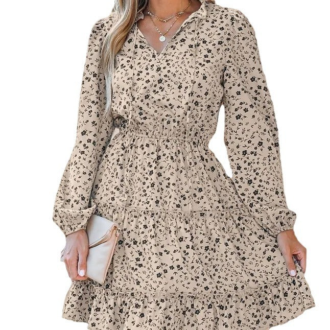 Shi Bedrukte Lange Mouw Jurk Taille Afslankend Elegante Jurk